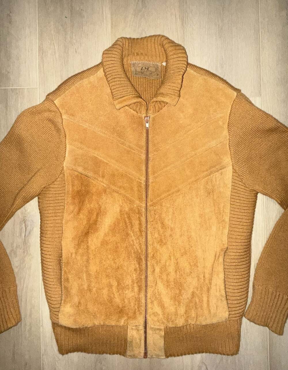 Vintage Landmark Contemporary Suede Jacket Mens Large Tan Knit Full Zip Winter